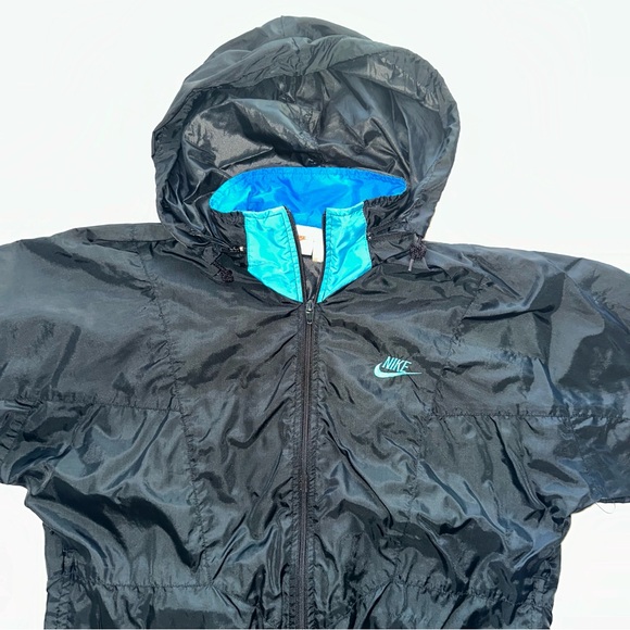 VTG NIKE 90s hooded windbreaker jacket track zipper pockets blue teal black S - Picture 4 of 12